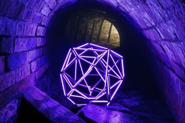 Geometric Sculpture in a Brick Tunnel with Purple Neon Lights