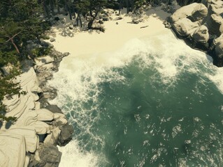 Aerial View of a Rocky Shore with Foamy Waves Crashing on a Sandy Beach