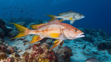 Fototapeta premium Two red snappers swimming over a coral reef.