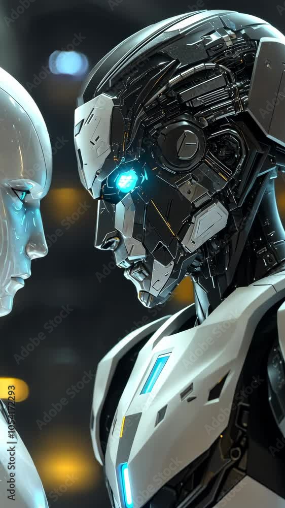 Poster futuristic androids gazing intently at each other in a dark setting