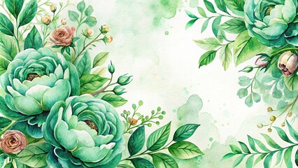 Fototapeta premium Vintage watercolor emerald green peony roses invitation frame
