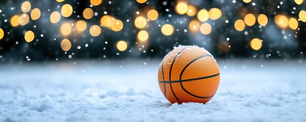 Fototapeta premium Basketball on snow, surrounded by soft glowing lights, winter atmosphere.