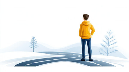Obraz premium person standing at crossroads in snowy landscape, contemplating choices and decisions. scene evokes sense of reflection and uncertainty