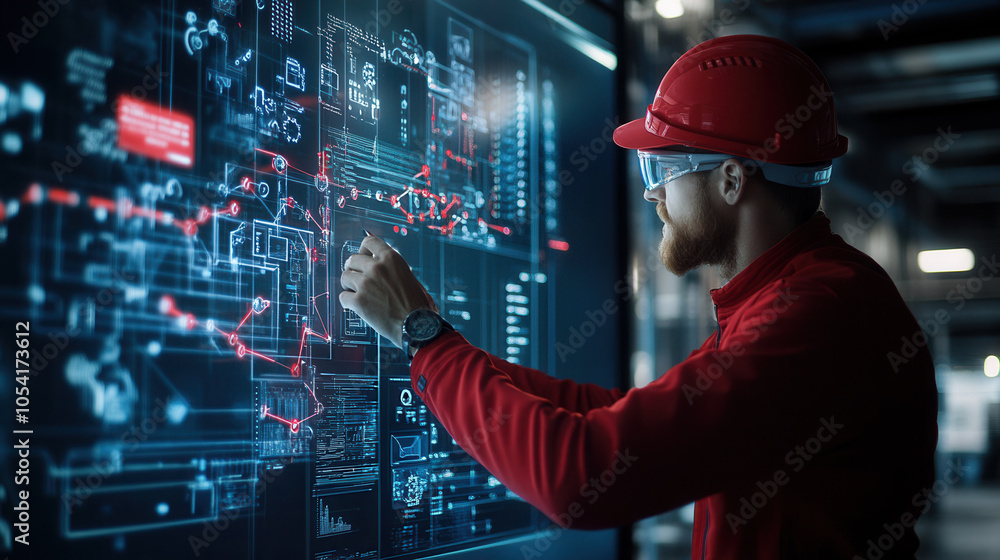 Poster man in red hard hat and glasses interacts with digital display, showcasing advanced technology and d