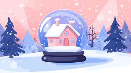 Fototapeta premium Magical Snow Globe with Cozy House Illustration