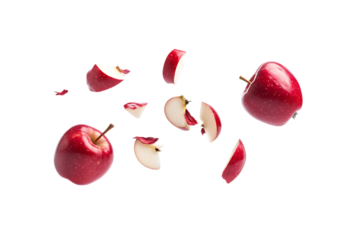 A red apple and its slices in mid-air, falling against a black background.