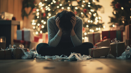 Person Sitting Alone with Head in Hands Amid Christmas Gifts, Struggling with Holiday Depression and Loneliness, Image made using Generative AI