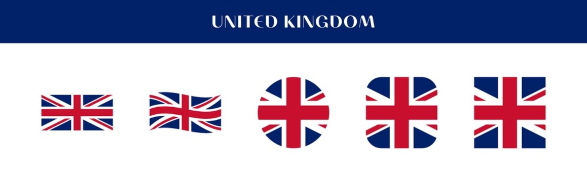 Set of the United Kingdom national flag icons in various styles on transparent background