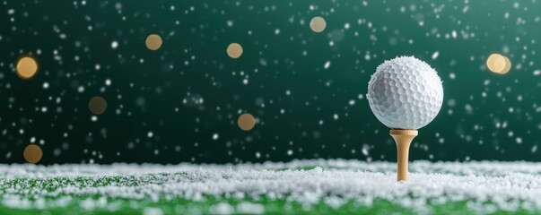 Golf ball on tee in snow, green background with bokeh lights.