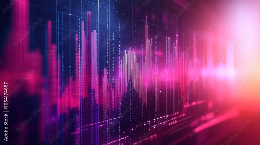 Poster vibrant digital wave patterns in pink and blue tones, representing data visualization and technology