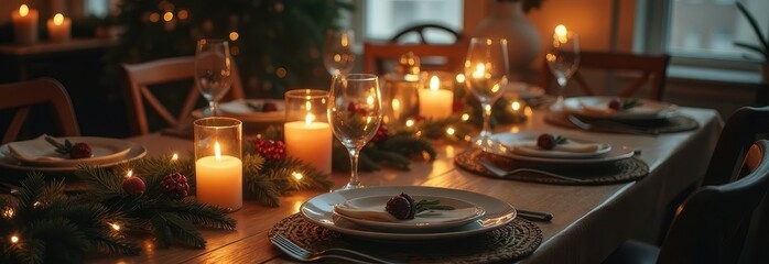 Table set for Christmas or New Year's dinner with white tablecloth and New Year's decoration. There is a white plate, fork, knife and spoon on the table. Living room decorated for Christmas