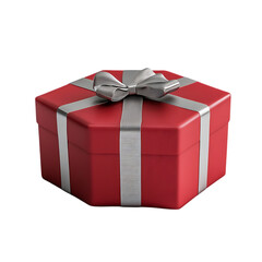 A red hexagonal gift box with a silver ribbon and bow.