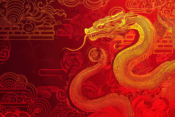Fototapeta premium Illustration of a golden snake for the Chinese New Year on red background