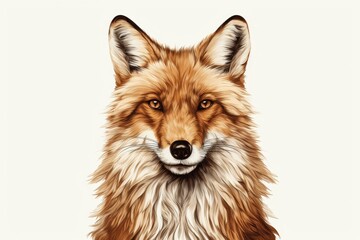 Sly fox with beady eyes and a mysterious smile on a bright white background, captivating allure.