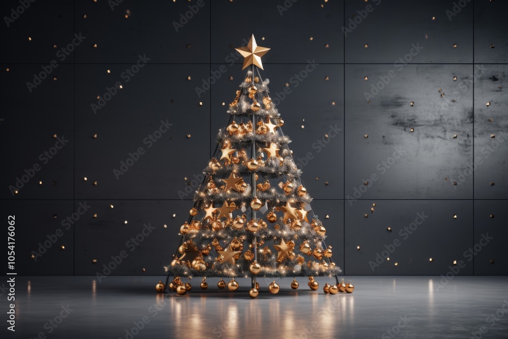 Poster minimalist christmas tree design three solid lines with subtle lights in dots around it