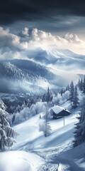 Obraz premium Snowy Mountain Landscape with Cabin in Winter Wonderland
