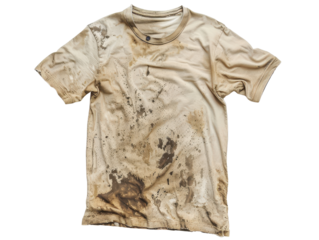 A dirty, worn-out T-shirt with stains, showcasing the effects of outdoor activities and everyday wear. cut out isolated transparent PNG