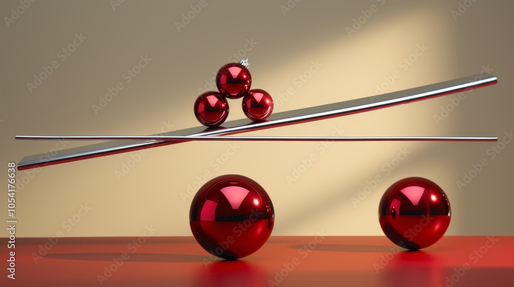 Poster minimalist display of shiny red baubles and silver tree creating festive light and shadow effects