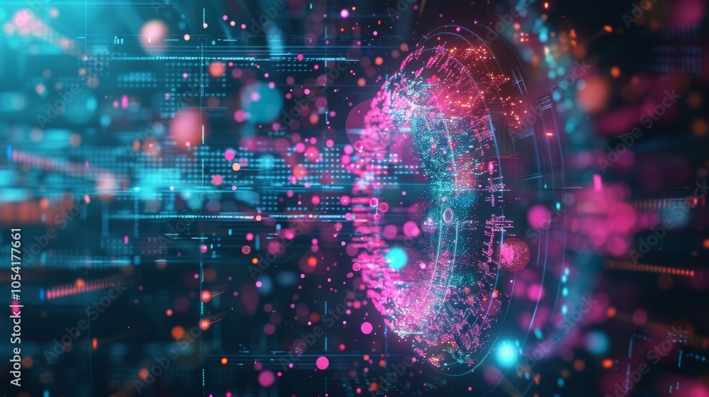 Poster futuristic earth rotating in space with digital information flowing around, creating a dynamic visua