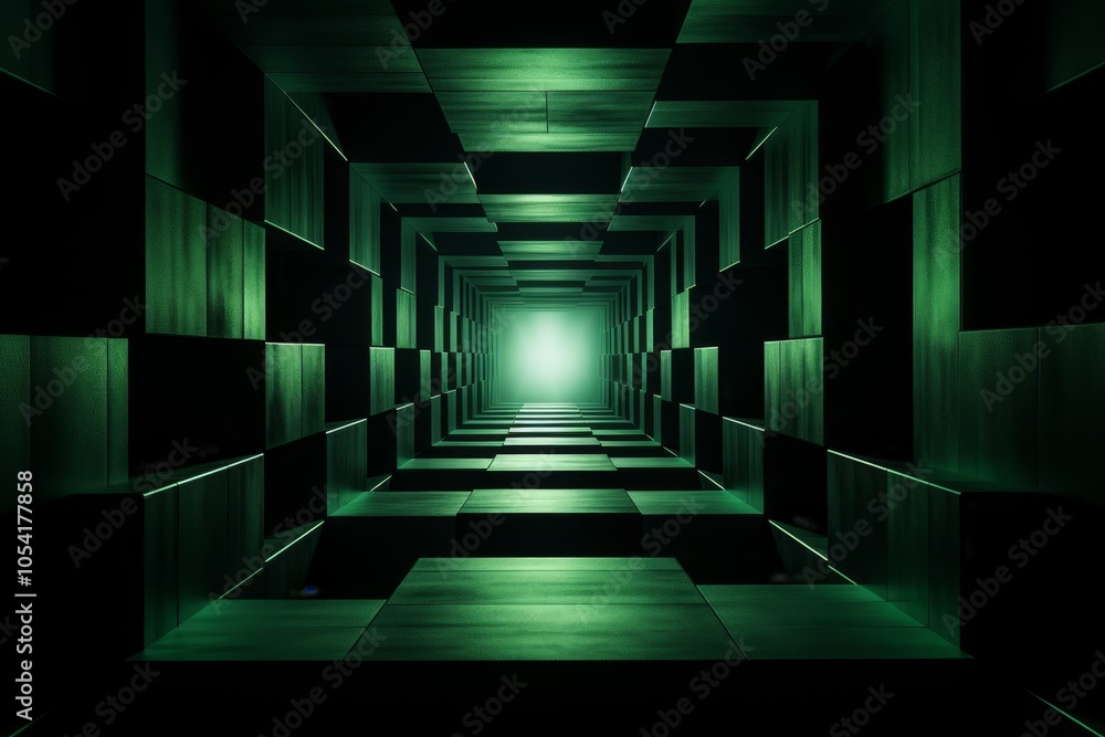 Poster creating an abstract space composition with geometric shapes in emerald shades and light shadows