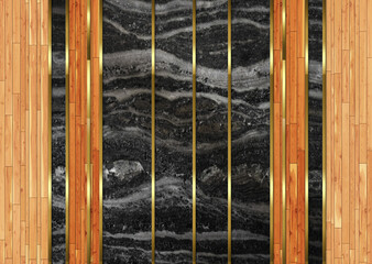 3d abstract mural wallpaper. Modern wall decor abstract, golden lines, and marble and wooden and black shapes