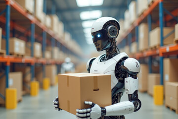 robots in the warehouse stack boxes