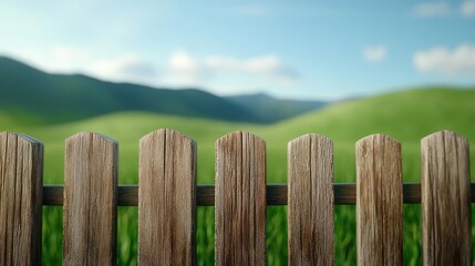 Obraz premium A rustic wooden fence with a blurred background of rolling green hills and a clear sky, evoking a sense of tranquility and natural beauty.