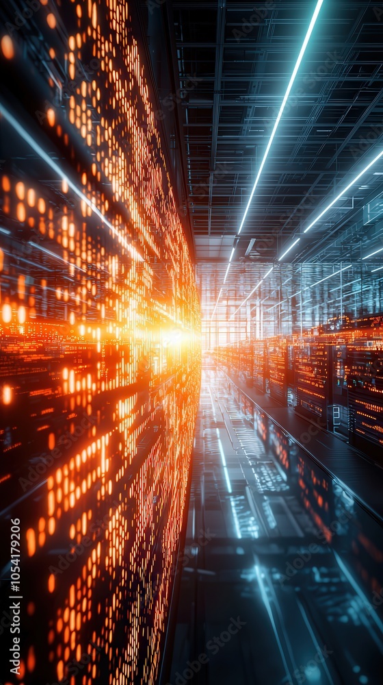 Poster futuristic digital corridor with bright data streams and advanced technology concepts