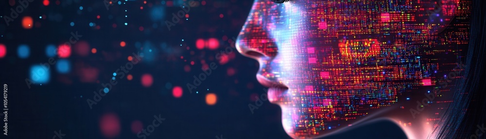 Poster a close-up of a face illuminated by digital data, symbolizing technology and innovation in artificia