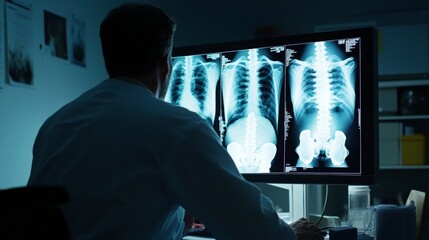 Fototapeta premium Doctor evaluating complications in hip replacement using medical x ray imaging analysis