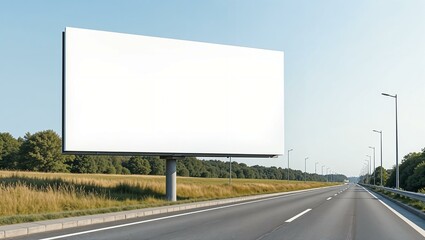 Obraz premium White billboard near the road, clean minimalist design, large and empty, ready for custom text or graphics. horizontal advertisement mockup, summer wheather