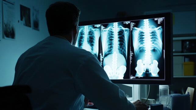 Doctor evaluating complications in hip replacement using medical x ray imaging analysis