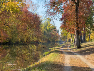 Beautiful autumn colors at Delaware and Raritan Canal Park in Princeton, New Jersey. Peaceful...