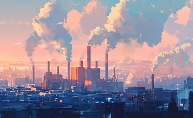 Watercolor Painting Of Industrial Area, Factory digital art Illustration