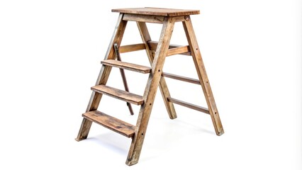 Vintage wooden step ladder isolated on white background rustic and charming with worn patina
