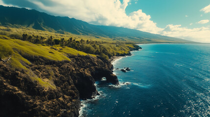 Obraz premium Volcanic Coastlines and Vibrant Greenery on Hawaii’s Scenic Shores