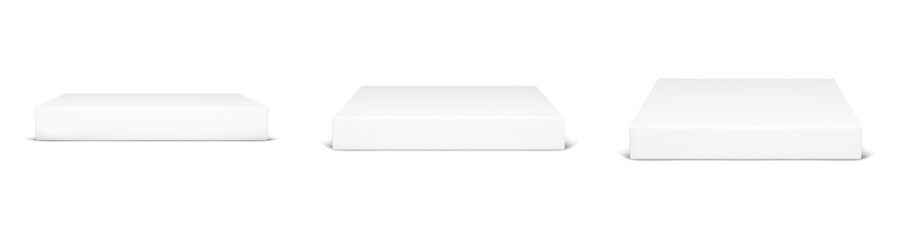 3d white square podium. Product platform isolated vector. Empty cube stage for studio scene. Geometric gray display base block for museum showroom. Expo clear marble showcase for presentation.
