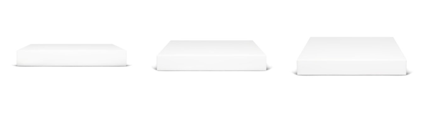 3d white square podium. Product platform isolated vector. Empty cube stage for studio scene. Geometric gray display base block for museum showroom. Expo clear marble showcase for presentation.