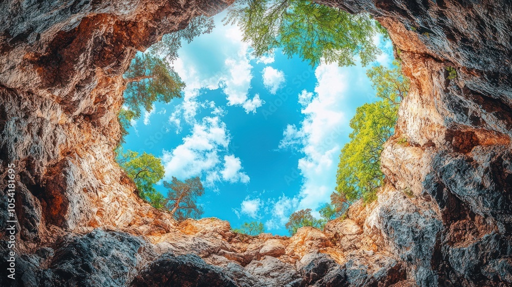 Poster looking up from inside a cave with a view of the blue sky and trees