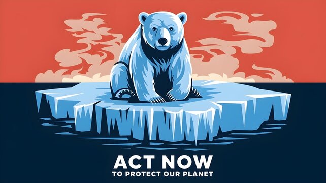 a majestic and anxious polar bear sitting on a huge block of ice facing a threatening orange-red sky,iconic symbol of the consequences of climate change,"ACT NOW TO PROTECT OUR PLANET" awerness 