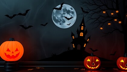 Halloween background with pumpkins and bats, wallpaper, banner.