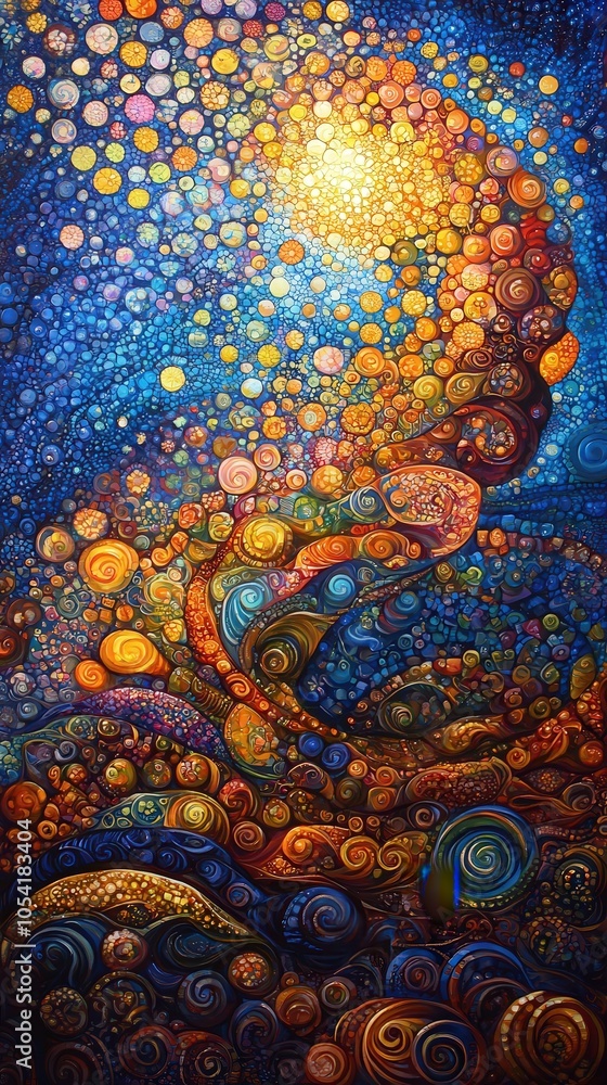 Poster exploring the cosmic dance of colors and patterns in a vibrant abstract universe