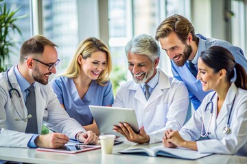 Fototapeta premium A group of doctors are gathered around a table, looking at a tablet