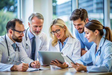 A group of doctors are gathered around a table, looking at a tablet