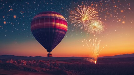 Hot Air Balloon Soaring Over a Landscape With Fireworks