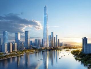 Modern Skyline at Dusk A Stunning View of Urban Architecture and Reflections on Water