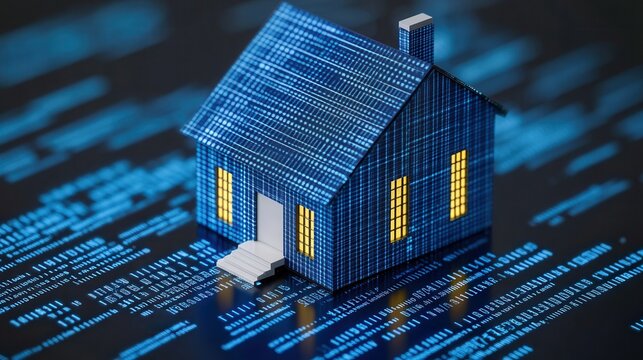 A digital house model illuminated with blue lights, sitting on a background of binary code, symbolizing technology and innovation.