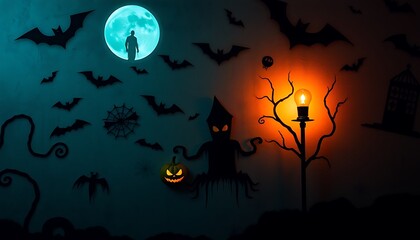 Fototapeta premium Halloween background with pumpkins and bats, wallpaper, banner.