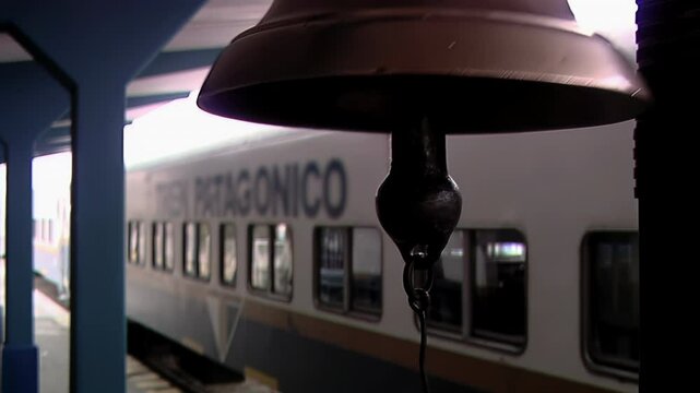 Old Railway Bell Rings for Departure in Remote Patagonia Train Station, Rio Negro, Argentina - 4K