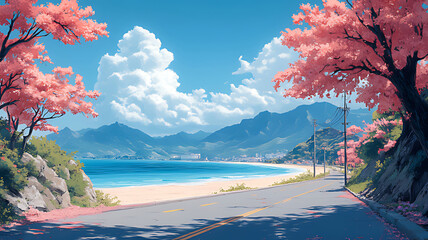 A scenic road winds through a coastal landscape with blooming pink trees, mountains, and blue ocean.